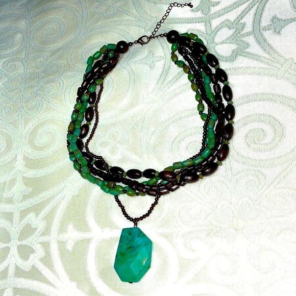 Multi-strand faux turquoise pendant adjustable necklace of browns and blue green - Picture 6 of 6